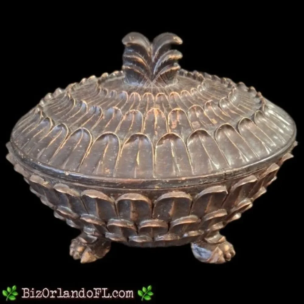 VINTAGE: Rare Pineapple Three-Footed Bowl with Lid / Lined with Red Velvet *HTF*